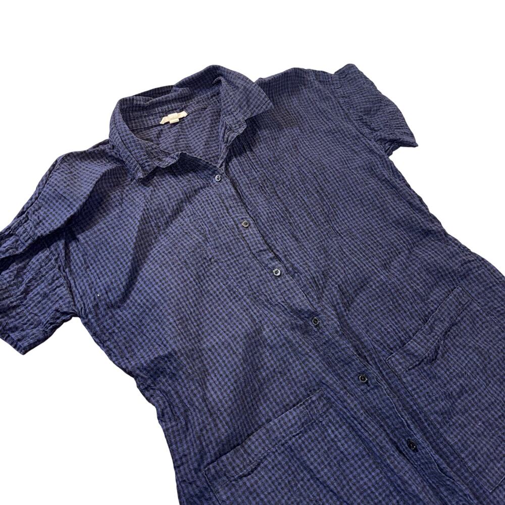 Eileen Fisher Puckered Organic Linen Classic Collar Dress | Navy | Size M - Picture 6 of 7